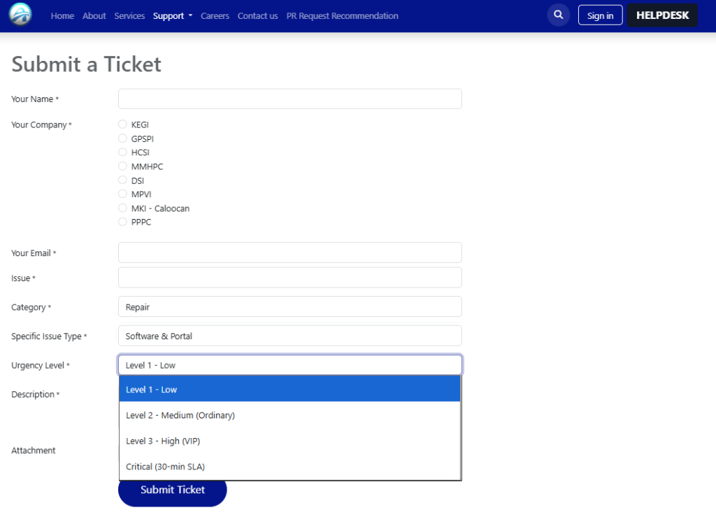 Urgency Level Dropdown